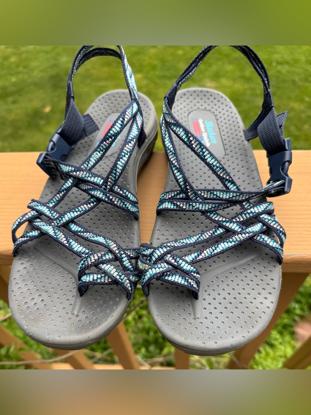 Skechers Women's Black and Teal Braided Strappy Sandals